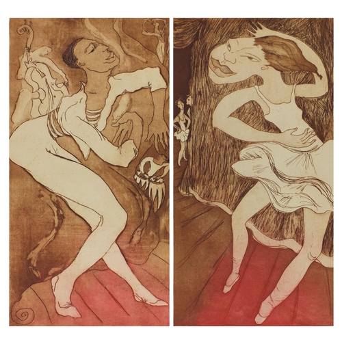 1251 - Pair of unframed pencil signed limited edition coloured etchings each of ballerinas, each signed Rom... 