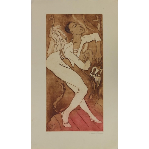 1251 - Pair of unframed pencil signed limited edition coloured etchings each of ballerinas, each signed Rom... 