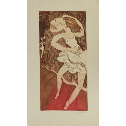 1251 - Pair of unframed pencil signed limited edition coloured etchings each of ballerinas, each signed Rom... 