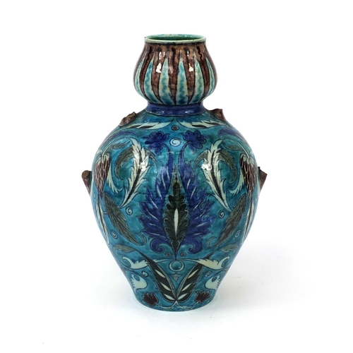 751 - Arts & Crafts William De Morgan double gourd pottery vase of Persian influence by Fred Passanger, ha... 