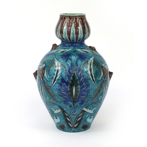 751 - Arts & Crafts William De Morgan double gourd pottery vase of Persian influence by Fred Passanger, ha... 