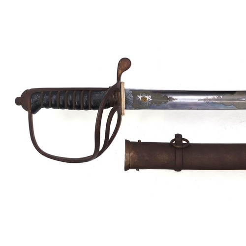 390 - British Military Hawkes & Co of Piccadilly London, Calvary sword and scabbard, the steel blade etche... 