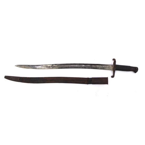 392 - Military interest bayonet and leather scabbard with wooden grip, 71cm in length