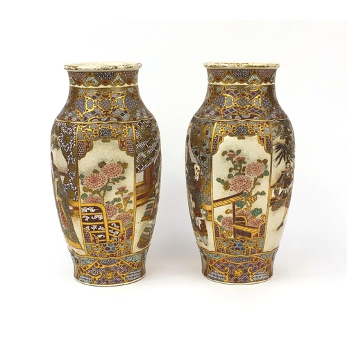 504 - Large pair of Japanese Satsuma pottery vases, hand painted and gilded with figures within foliate bo... 