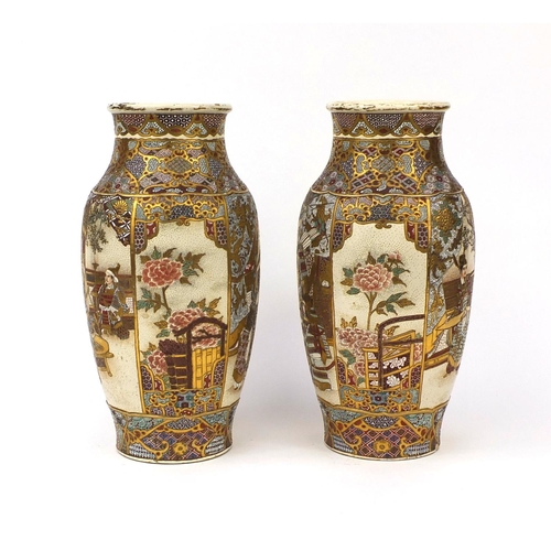 504 - Large pair of Japanese Satsuma pottery vases, hand painted and gilded with figures within foliate bo... 