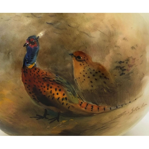 698 - Royal Worcester porcelain pot by Jas Stinton, hand painted with a male and female pheasant, factory ... 