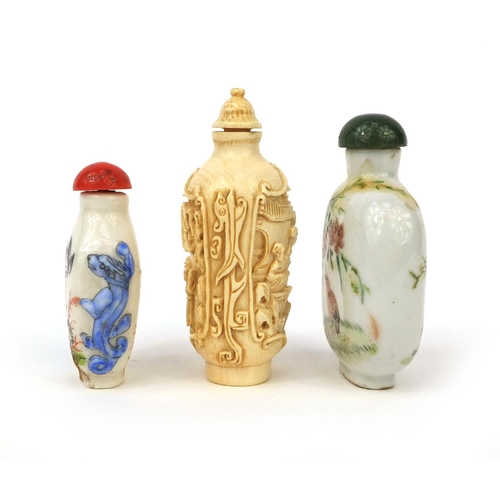 524 - Three Chinese snuff bottles comprising two porcelain examples, both hand painted with birds and one ... 