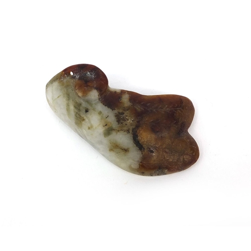 514 - Chinese carved jade pendant of naturalistic form with incised decoration, 7cm in length