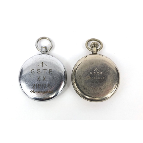 375 - Two Military interest pocket watches comprising a Bravingtons examples numbered 218190 and a Recta e... 