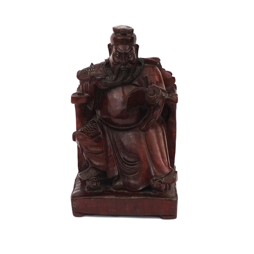 544 - Chinese root carving of a seated Emperor holding a scroll, 28cm high