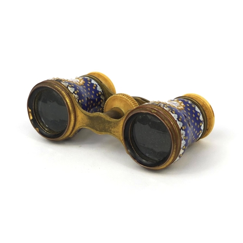 73 - Pair of French brass and enamelled opera glasses with ivory eye pieces, the enamelled barrels hand p... 