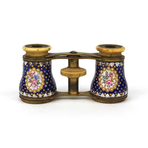 73 - Pair of French brass and enamelled opera glasses with ivory eye pieces, the enamelled barrels hand p... 