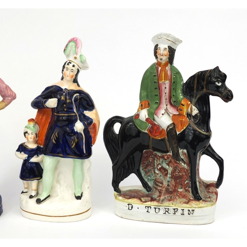 706 - Four 19th century Staffordshire pottery figures comprising Dick Turpin, Will Tell and his Son,  Esmo... 