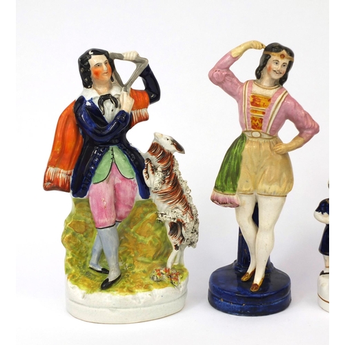 706 - Four 19th century Staffordshire pottery figures comprising Dick Turpin, Will Tell and his Son,  Esmo... 