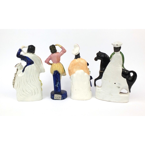 706 - Four 19th century Staffordshire pottery figures comprising Dick Turpin, Will Tell and his Son,  Esmo... 