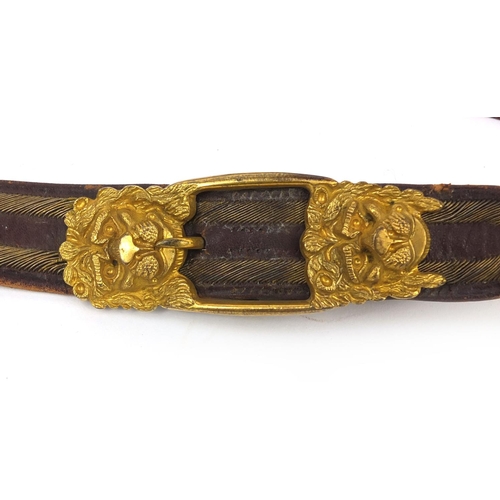 364 - Victorian British Military leather belt, with Dieu Et Dion Droit buckle and gilt lion mounts