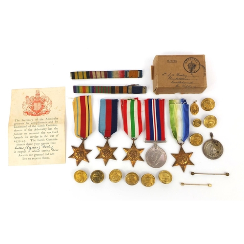 349 - World War II British Military medals, pips and medallions with original box, awarded to J A DOOLE in... 