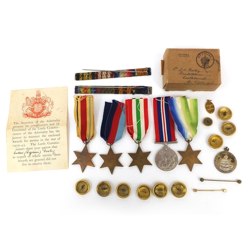 349 - World War II British Military medals, pips and medallions with original box, awarded to J A DOOLE in... 