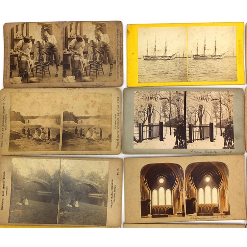 195 - Group of stereoscopic view cards and a stereoscopic card viewer, the cards including battleships and... 