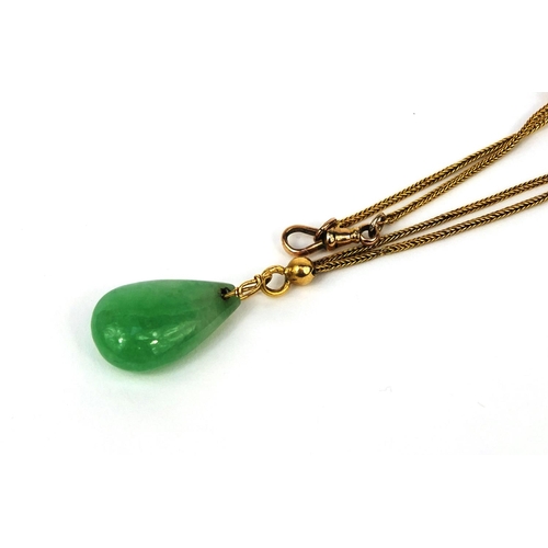 507 - Chinese green jade pendant on gold chain, the pendant 2.2cm in length, approximate weight 8.5g