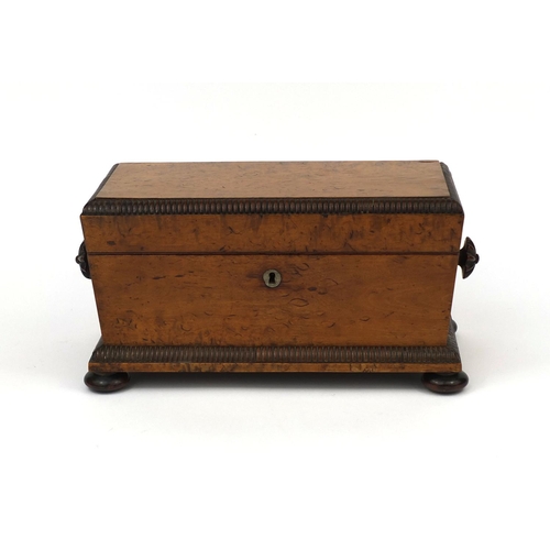 30 - Victorian burr walnut tea caddy, the hinged lid to open reveal a twin divisional interior and a glas... 