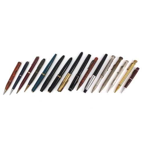 133 - Collection of fountain pens and propelling pencils including a Black Parker duofold, Yard-O-Led prop... 