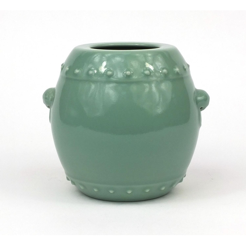 460 - Chinese celadon glazed barrel vase with animalia ring handles, six figure Qianlong character marks t... 