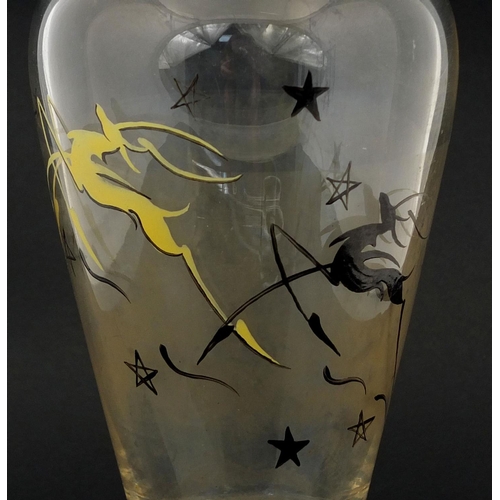 739 - Art Deco glass decanter and stopper, hand painted with leaping deer, 28cm high