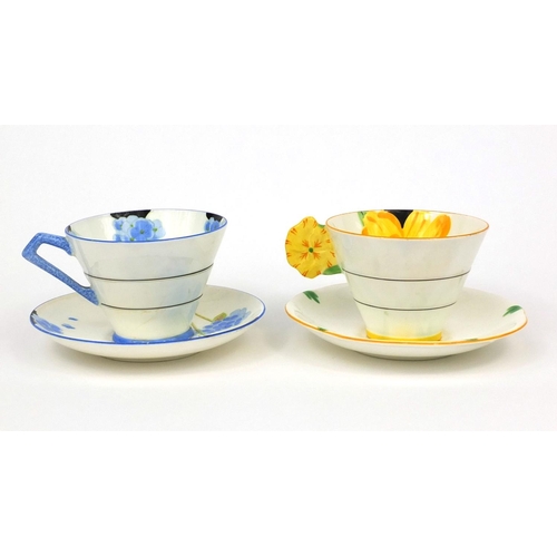 788 - Two Art Deco Paragon cups and saucers, one with butterfly handle, each hand painted with flowers, ea... 