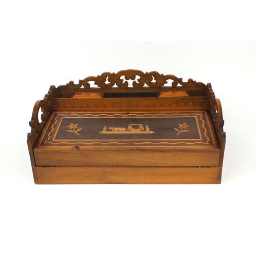 33 - Sorrento ware olive wood writing slope, with carrying handles and pierced gallery, the lid inlaid wi... 