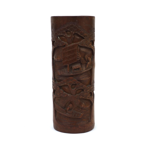 548 - Cylindrical Chinese bamboo brush pot, carved with figures and trees in a landscape, 31cm high