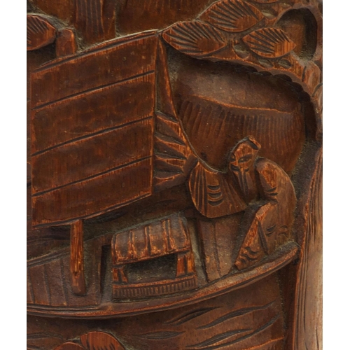 548 - Cylindrical Chinese bamboo brush pot, carved with figures and trees in a landscape, 31cm high