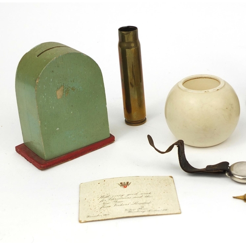 376 - Military related objects including a Buren silver cased trench watch, trench art, Carlton ware Lord ... 