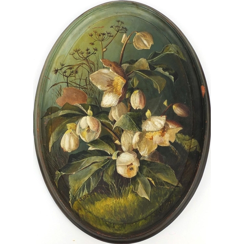 764 - Oval Watcombe terracotta wall plaque, hand painted with flowers, impressed factory marks and numbere... 