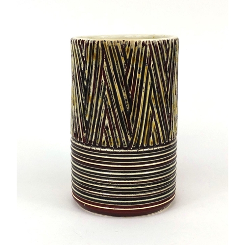 773 - Poole Pottery cylindrical vase with incised decoration by Carol Holden, factory marks and numbered 8... 