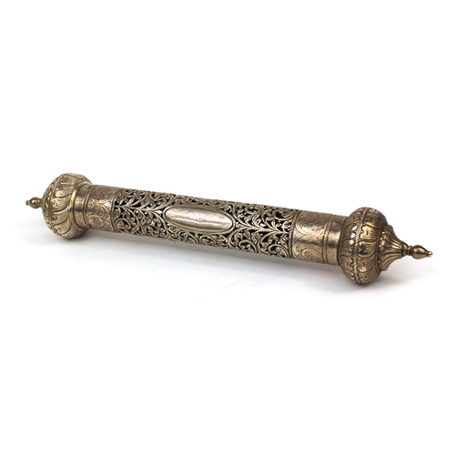 604 - Islamic 900 grade silver scroll holder with blank cartouche, pierced and floral decoration, 35.5cm i... 