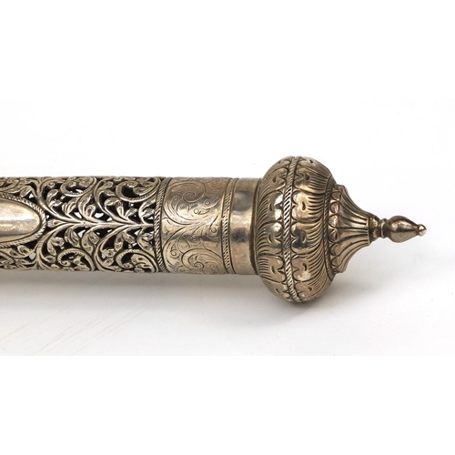 604 - Islamic 900 grade silver scroll holder with blank cartouche, pierced and floral decoration, 35.5cm i... 