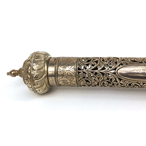 604 - Islamic 900 grade silver scroll holder with blank cartouche, pierced and floral decoration, 35.5cm i... 