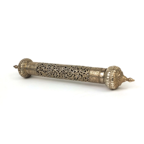 604 - Islamic 900 grade silver scroll holder with blank cartouche, pierced and floral decoration, 35.5cm i... 