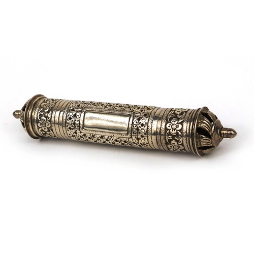 605 - Islamic 900 grade silver scroll holder with blank cartouche, pierced and floral decoration, 19cm in ... 