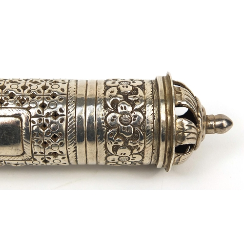 605 - Islamic 900 grade silver scroll holder with blank cartouche, pierced and floral decoration, 19cm in ... 