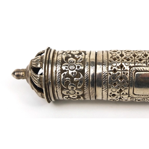 605 - Islamic 900 grade silver scroll holder with blank cartouche, pierced and floral decoration, 19cm in ... 