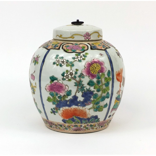 475 - Chinese porcelain ginger jar and cover, hand painted in the famille rose palette with flowers and pr... 