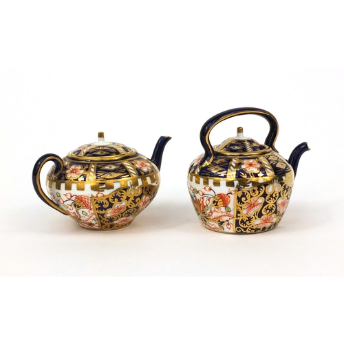 695 - Miniature Royal Crown Derby Imari pattern teapot and kettle, each factory marks to the bases, the la... 