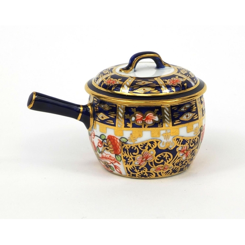 694 - Miniature Royal Crown Derby Imari pattern lidded saucepan, factory marks and numbered 6299 to the ba... 