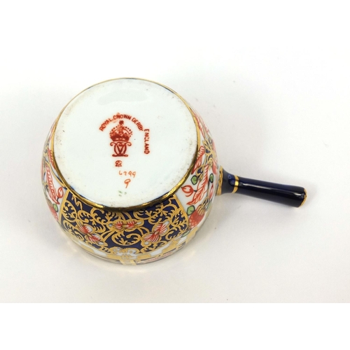 694 - Miniature Royal Crown Derby Imari pattern lidded saucepan, factory marks and numbered 6299 to the ba... 