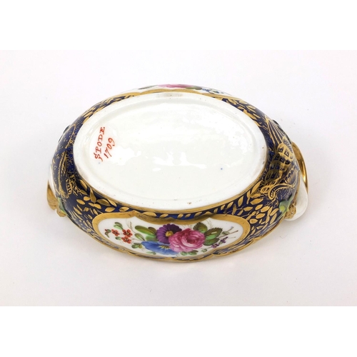 680 - Spode porcelain lidded pot pourri of basket form wit twin handles, hand painted with flowers, factor... 