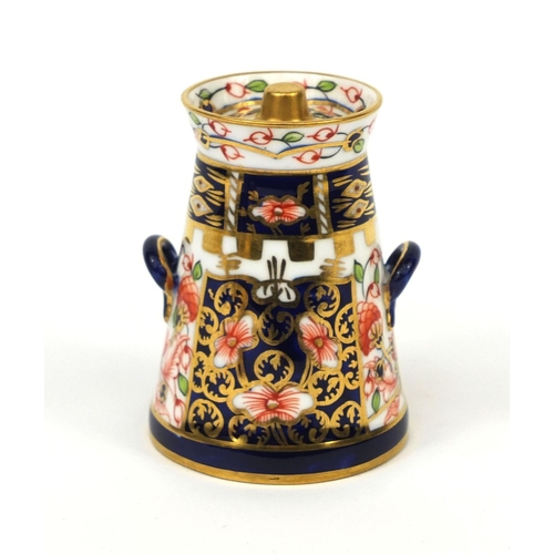 692 - Miniature Royal Crown Derby Imari pattern milk churn with twin handles, factory marks and numbered 6... 