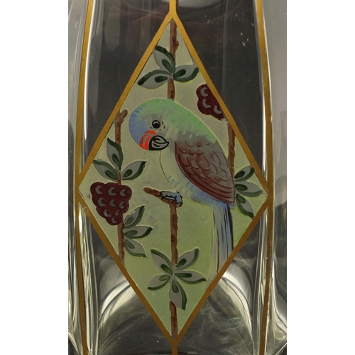 740 - Art Deco glass decanter hand painted and gilded with parrots seated on a branch amongst berries, 22c... 