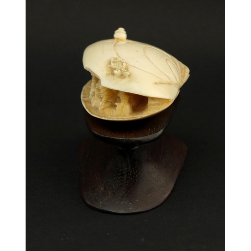 534 - Chinese ivory clam shell, the interior carved with a figure on horseback in a landscape, raised on a... 